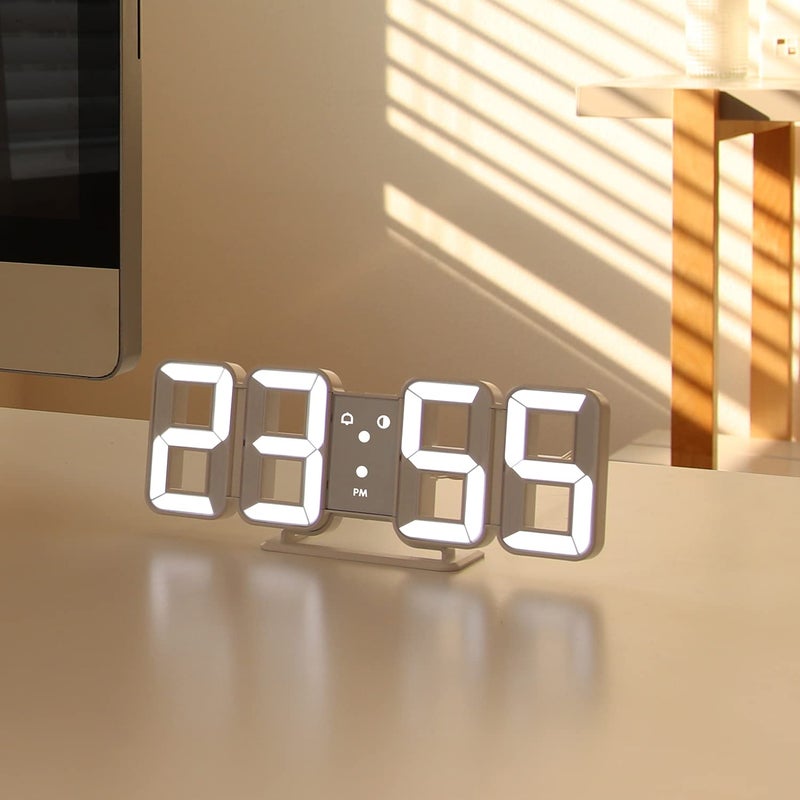 mooas 3D Pure Mini White LED Clock, Multi-Function LED Clock (Calendar, Alarm, Temperature) (8.5" White Table Alarm Clock) - Image 2
